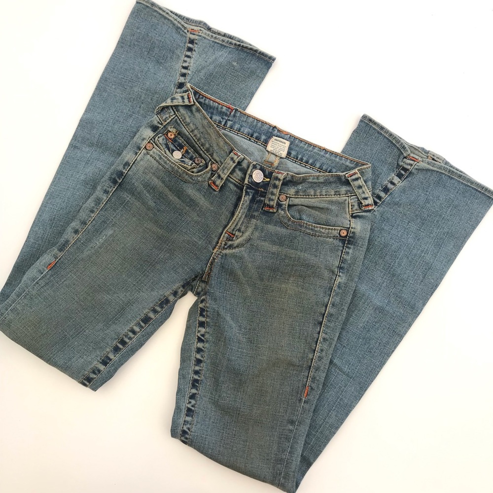 True Religion Light Wash Boot Cut Distressed Jeans